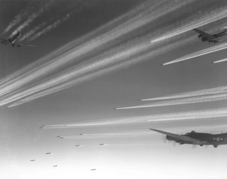 The Americans concentrated on pinpoint bombing of factories during the day, resulting in massive casualties. This formation of American B-17s are headed for Schweinfurt, 1943.