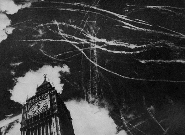 The skies of England were filled daily with invading German bombers and defending British fighters. 