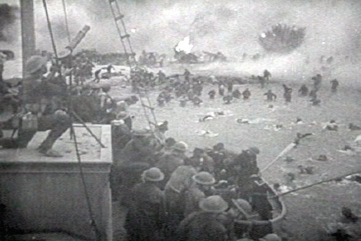 Under heavy aerial bombardment, the British army evacuates from Dunkirk, leaving all their weapons and equipment and behind.