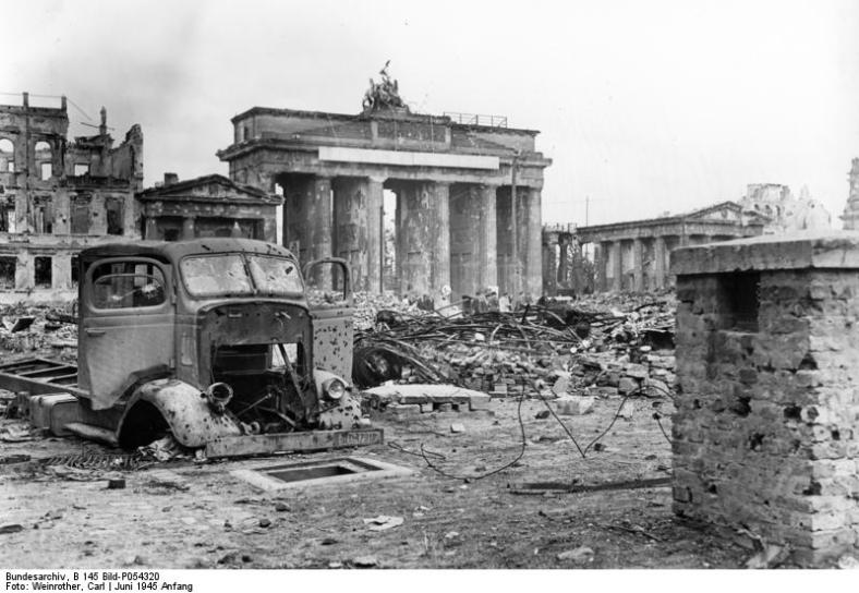 Brandenburg Gate in Berlin following a bombing raid.