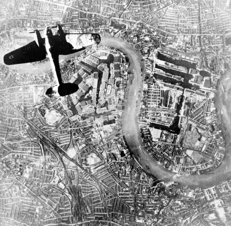 A German Heinkel 111 over the Thames, London.